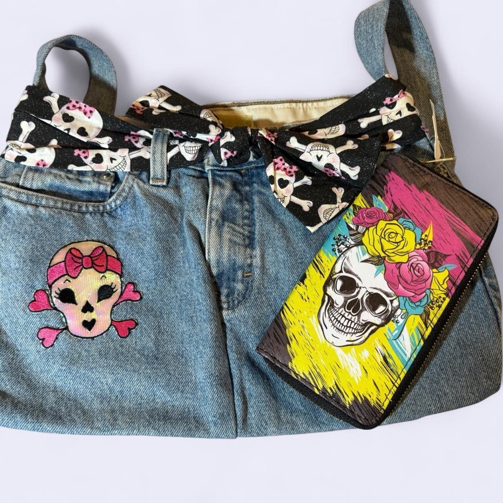 Skull Print Denim teenager Bag with Wallet